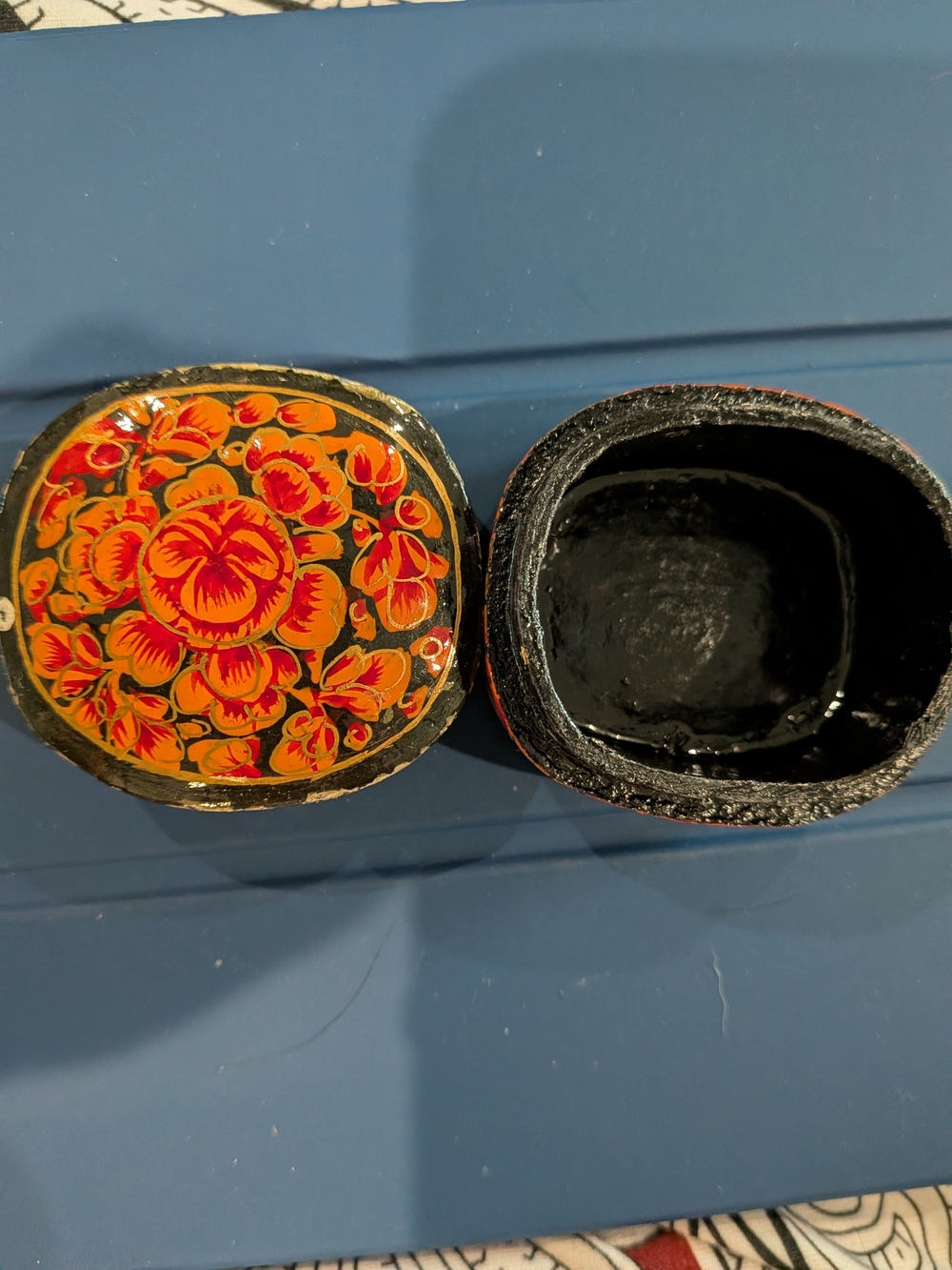 Vintage Hand-Painted Floral WoodTrinket Box - Red and Orange
